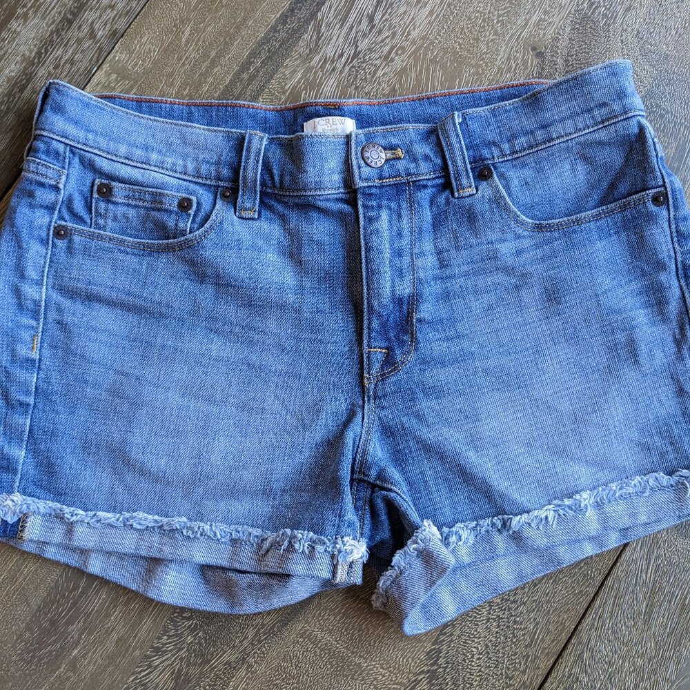 J Crew Light Denim Wash Distressed Blue Denim Jean Cut Off Cuff Shorts, Size 27